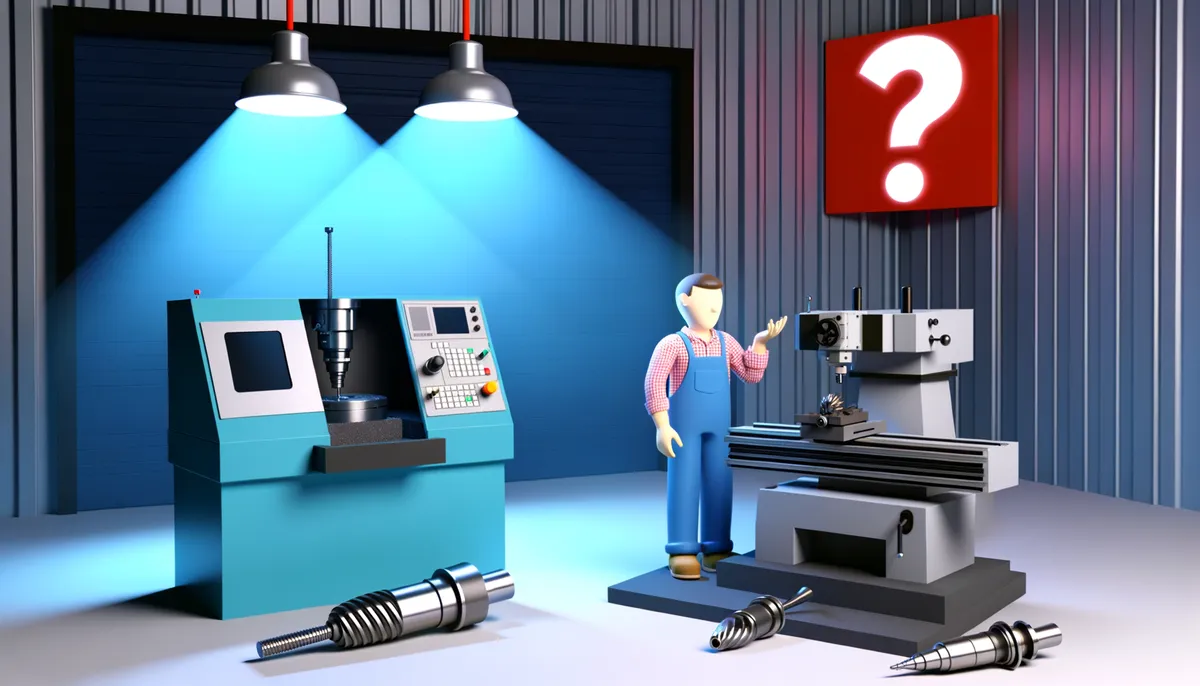 Ein Mechaniker steht in einer Werkstatt neben einer Fräsmaschine und einer CNC-Maschine, umgeben von Werkzeugen. Das Bild symbolisiert die Suche nach Fachkräften.